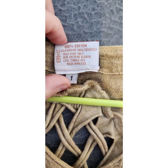 Oh My Gauze 1 (S/M) Fringe Cutout Back Tie Dye Brown Top Lagenlook Shell Buttons - Picture 8 of 9